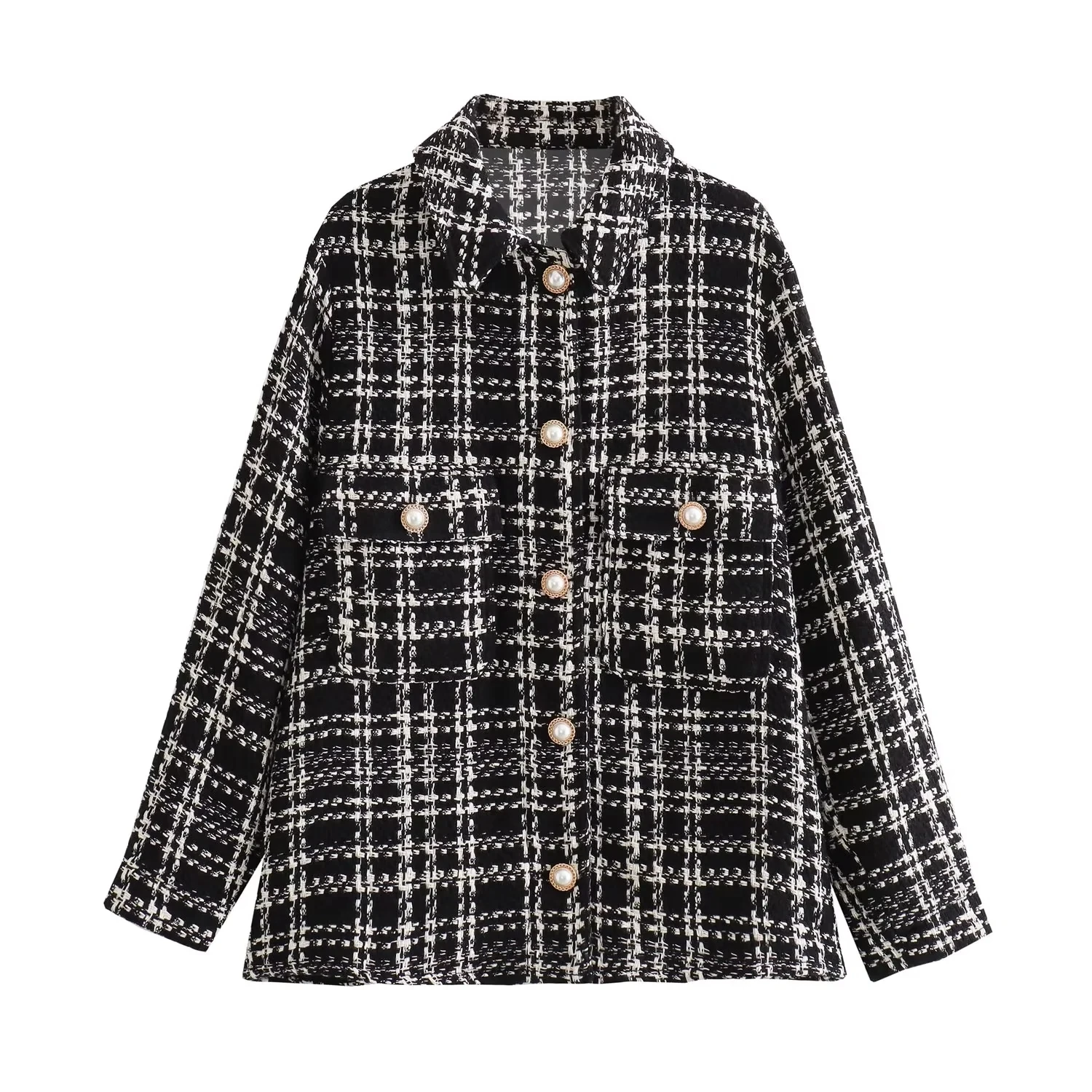 

TRAF Women Plaid Texture Overshirt 2023 Classic Pearl Button Design Elegant Shirt Female Leisure Basic Long Sleeves Lapel Top