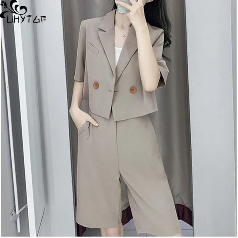 

Профессиональный костюм UHYTGF, Женский Летний Новый Модный кардиган с коротким рукавом, короткий топ, пять точек, брюки, уличный Женский комплект из двух предметов