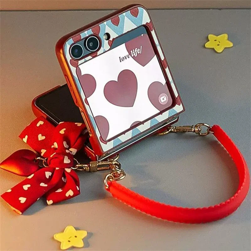 Retro Heart Case with Lovely Bow Wrist Strap - Luxury PU Leather Phone Cover