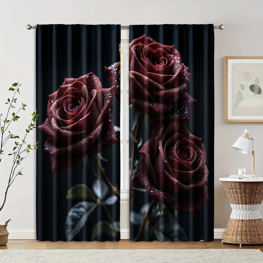2pcs, Print Curtains 2D print Black and Golden Rose Durable 100% Polyester Fabric (without rod) Thermal Insulation, and Room 2