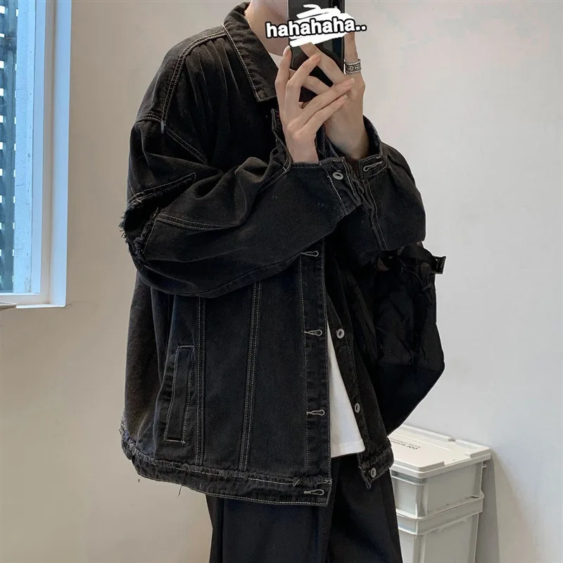 Denim Jackets Men Hole Raw Edge Streetwear Autumn All-match Long Sleeve Korean Commuting Style Youthful Teenagers Outwear Daily 5