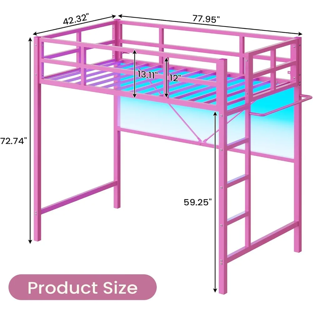 Twin Metal Loft Bed with LED Lights, Loft Bed Twin Size with Full-Length Guardrail &Clothes Rack, Heavy Duty Loft Beds Frame 2