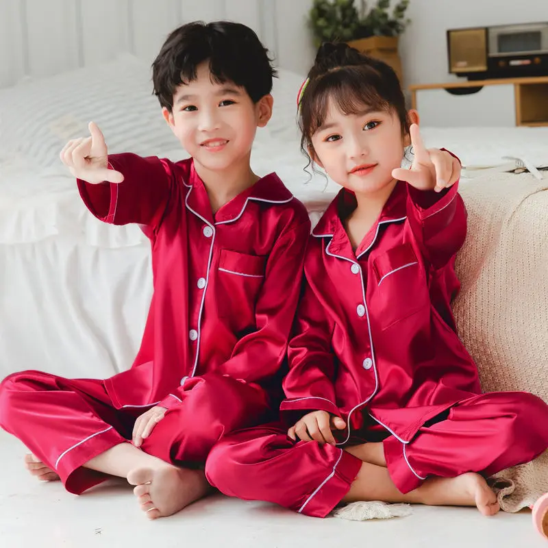

New Girls Silk Satin Pajamas Sets Cartoon Kids Boys Pyjamas Baby Sleepwear Suit Girl Casual Home Wear Clothes Boy Loungewear