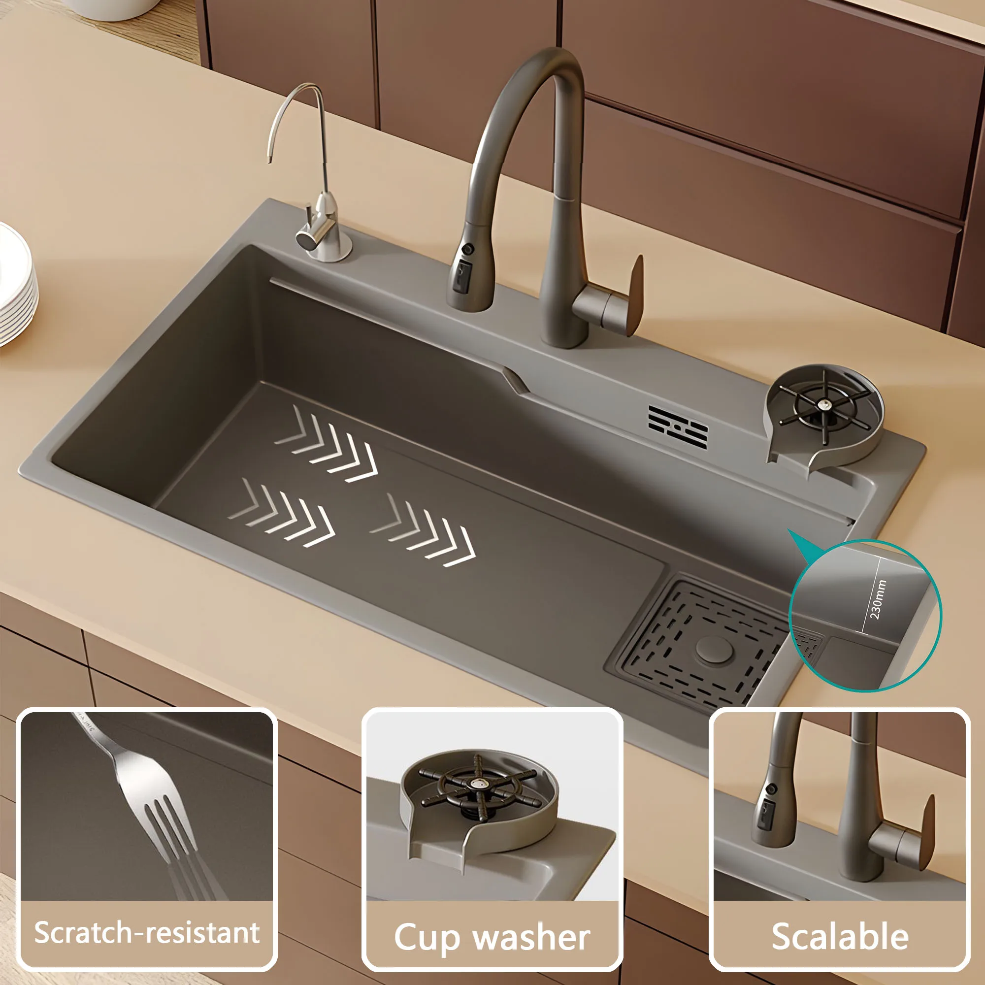 Kitchen Nano Coating 304 Stainless Steel Large Groove Square Sink Vegetable Washing Basin Topmount Workstation Drainage Set
