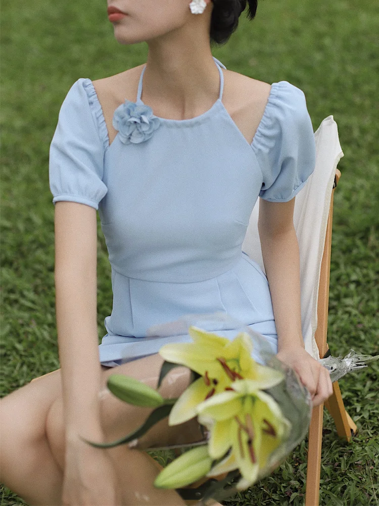 

Design Sense Flower Neck Summer Cool High Waist Style Bubble Sleeve Dress