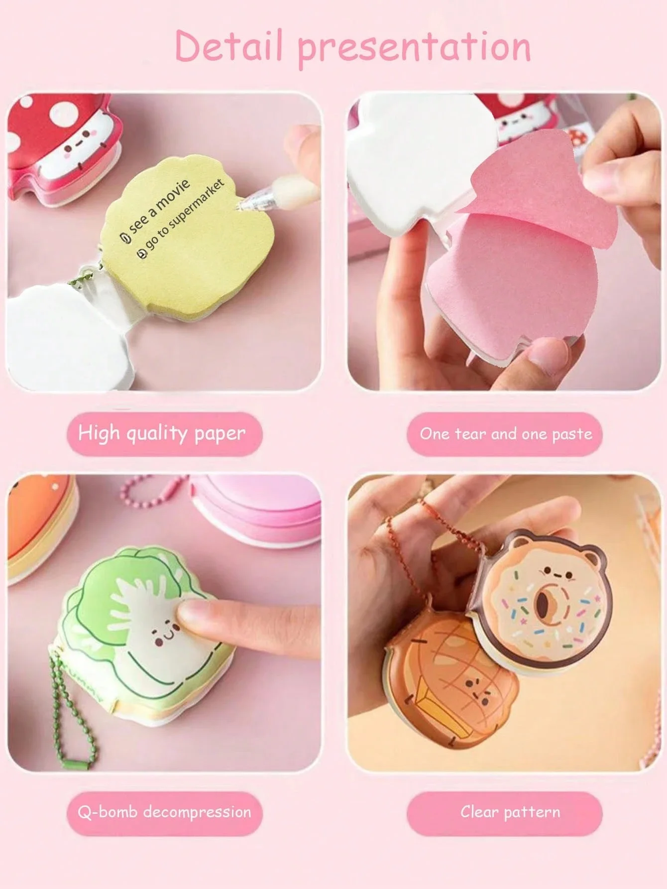 1/4 Stück Notizblock zum Stressabbau, Kawaii-Dessert-Getränkespiel-Serie, Mini-Notizblock mit hängendem Charme, tragbare geformte Notiz A7863 – Detail 5