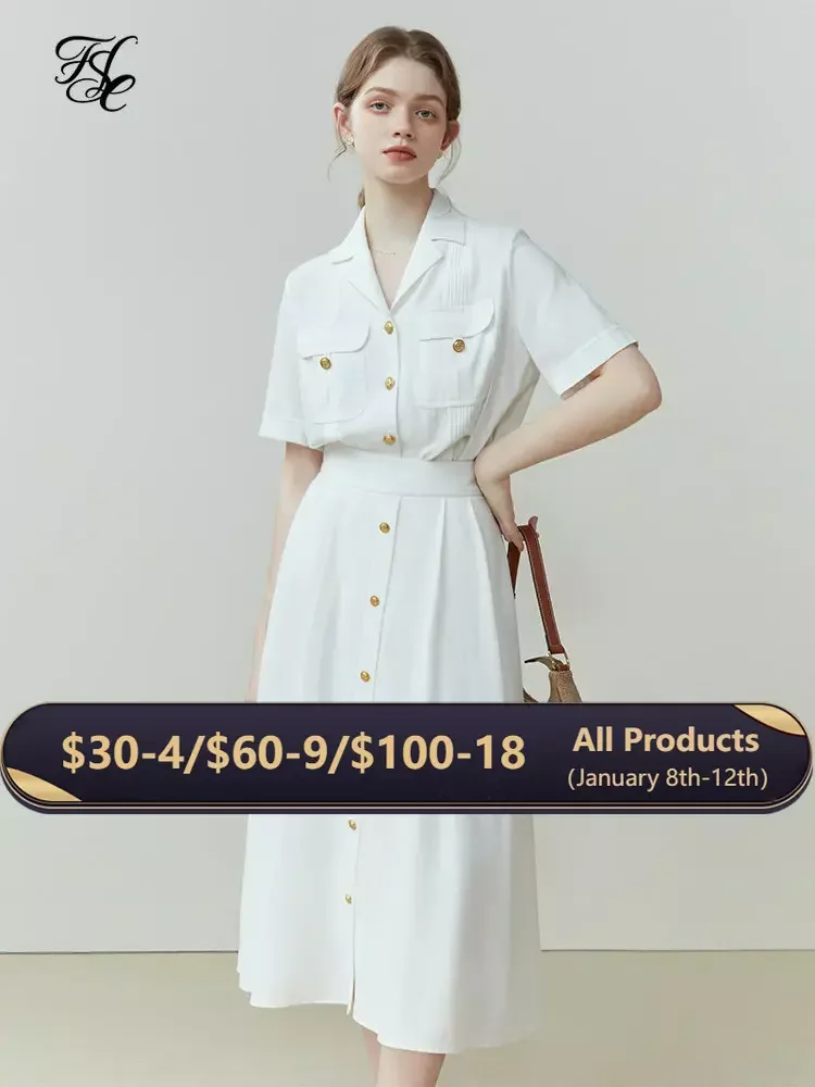 

FSLE Women Summer Shirt Skirt Two Piece Sets Notched Collar Women White Short Sleeve Blouse Back Elastic Waist Long A-LINE Skirt