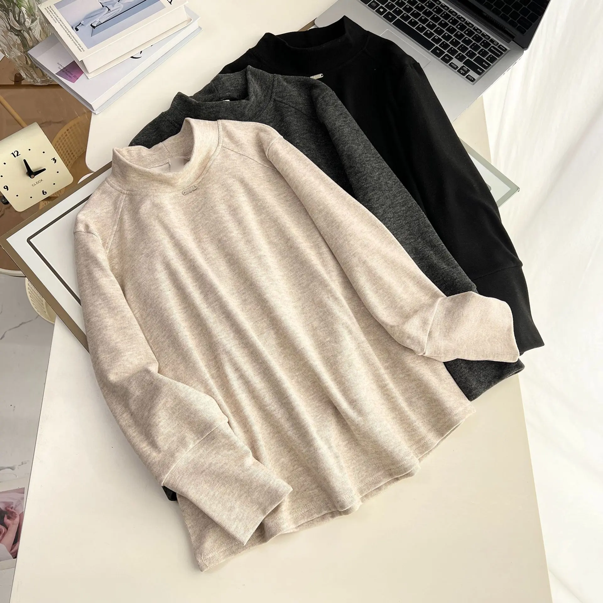 XXXXL Fashion Plus Size Women's T-Shirt Autumn Winter Thickened And Fleece Warm Simple Mock Neck Long Sleeved Base Tops 2551