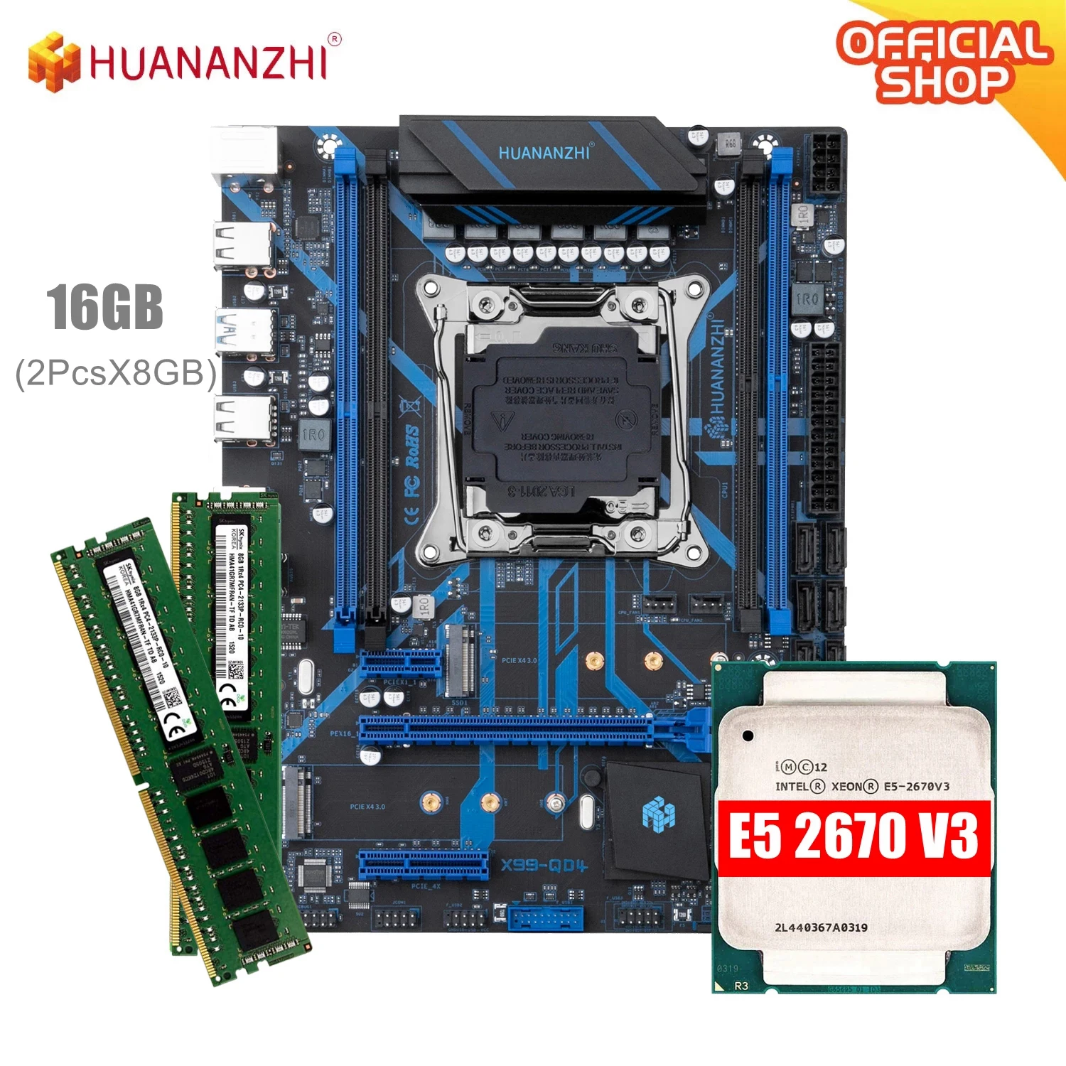 HUANANZHI QD4 LGA 2011-3 Motherboard kit x99 xeon e5 2670 v3 16GB (2*8G) DDR4 RECC memory NVME SATA USB 3.0