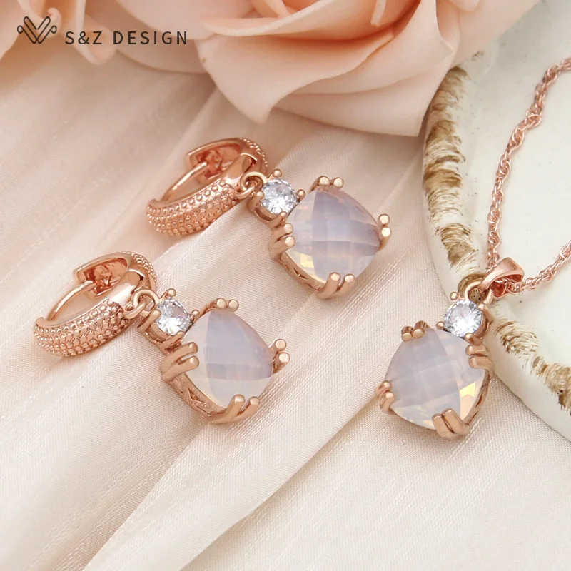 S&Z DESIGN New Fashion 585 Rose Gold Color Square Crystal Drop Earrings Jewelry Sets For Women Wedding Pendant Necklace Gift