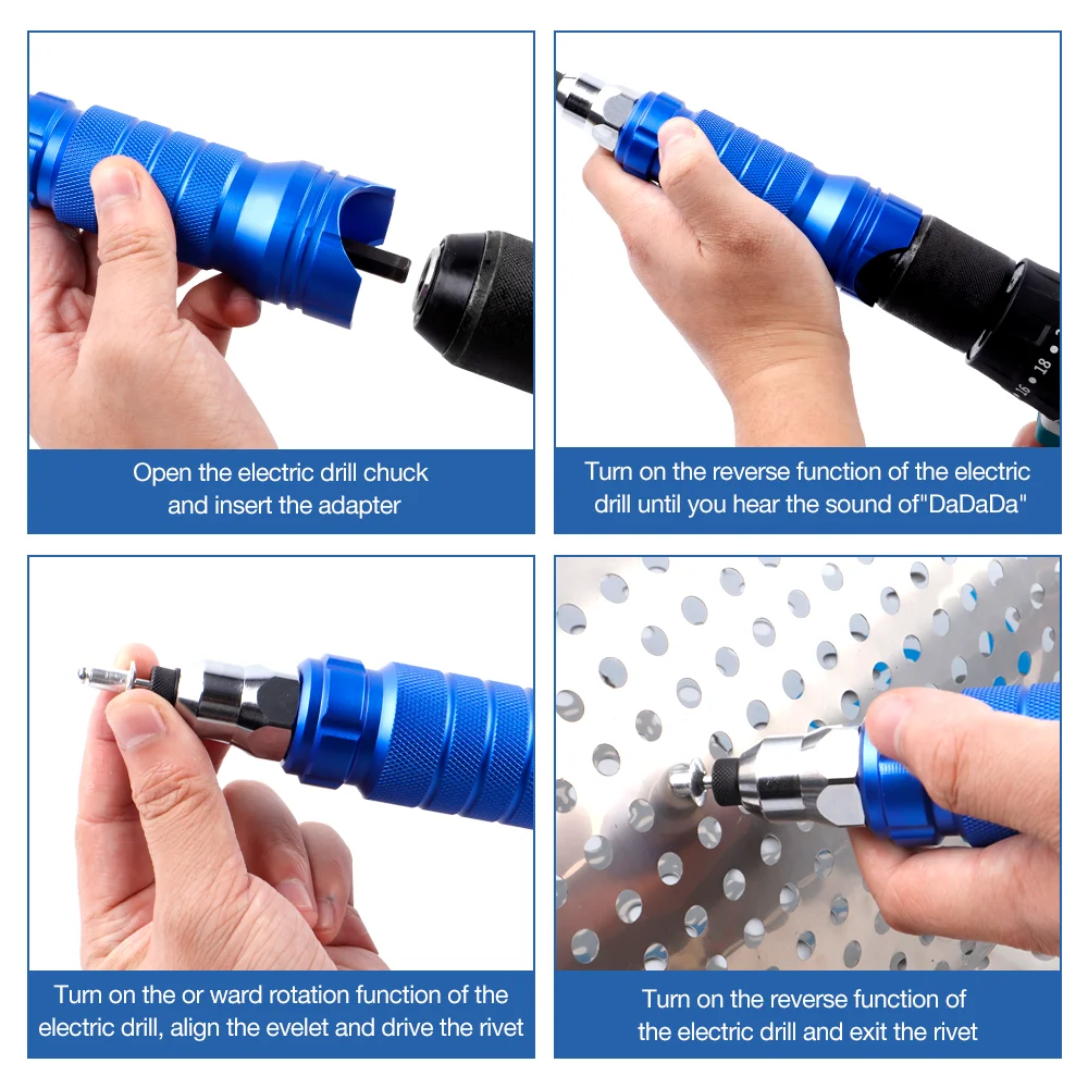 Blue Aluminum Alloy Cordless Electric Rivet Nut Gun Tool Set Attachments 3/32" 1/8" 5/32" 1/4" DIY Automotive Hex Shank Nozzles 5