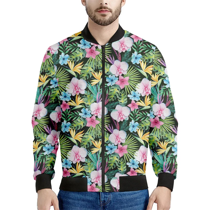 thumbnail image 1 of Chaqueta con estampado de flores hawaianas para hombre, sudaderas con estampado 3D de plantas coloridas, mangas largas, abrigos con cremallera para primavera y otoño, 1 of 5