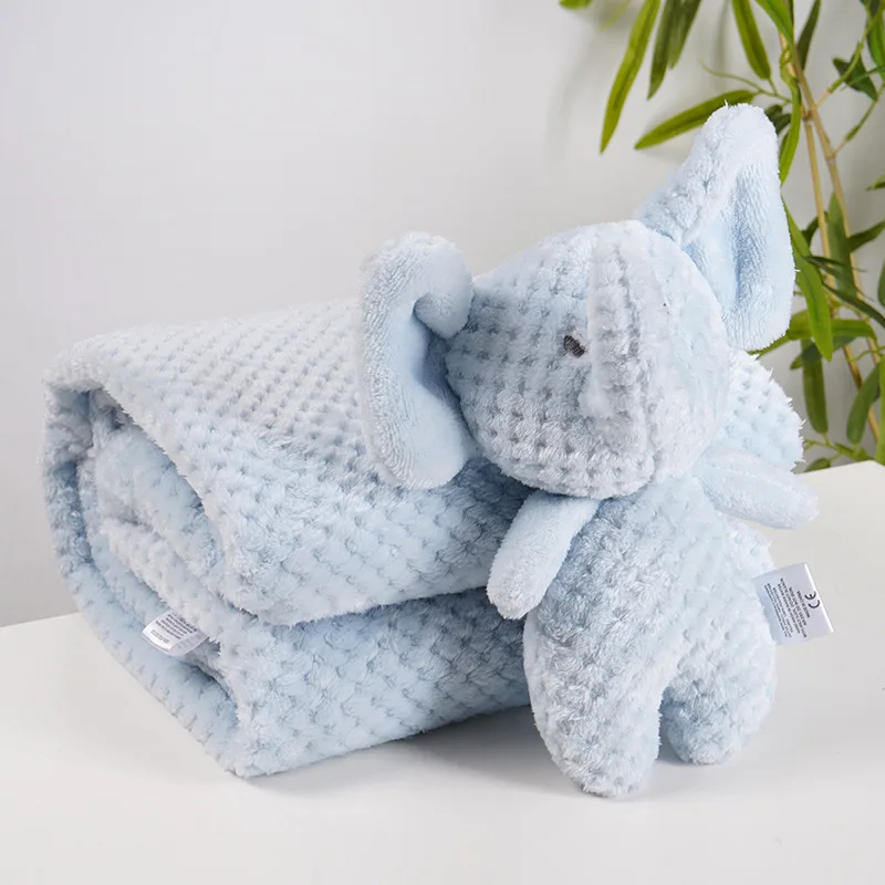 Couverture bébé polaire bleue roulée avec peluche assortie, matière douce et moelleuse