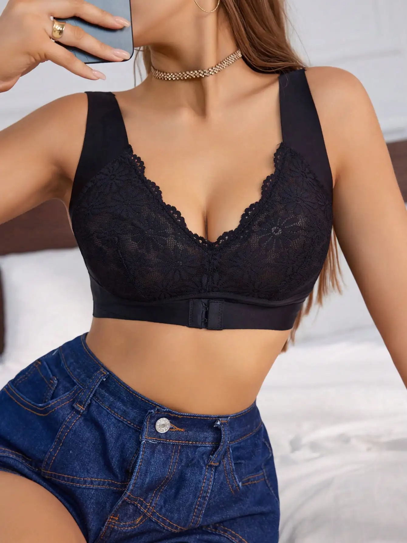Reggiseno da donna in pizzo floreale con chiusura frontale, spalline larghe, senza ferretto, scollatura a V profonda, traspirante, comodo, con chiusura posteriore, intimo B2449 - immagine 5
