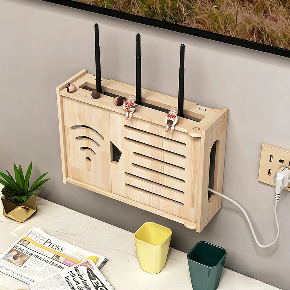 Wall-Mounted Storage Box Home Wall-Mounted WiFi Router Organizer Wooden Hanging Cable Management Multifunctional Storage Case - 5