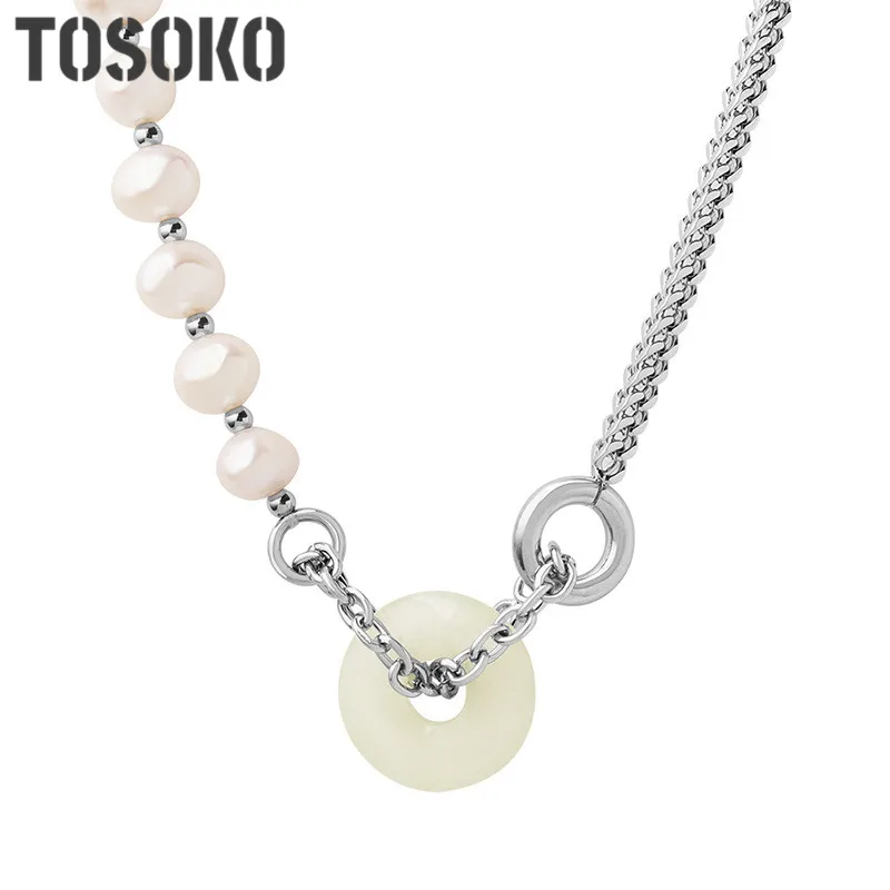 TOSOKO Stainless Steel Jewelry Freshwater Pearl Splicing Thick Chain Jade Pendant Necklace Female Hip Hop Clavicle Chain BSP1218