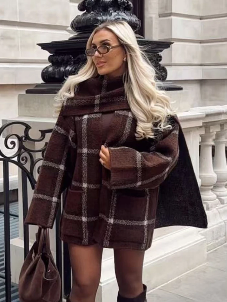 TFMLN New Women Fashion Plaid Knitted Cardigans Coat  Autumn Winter Long Sleeve Scarf Collar Sweater Warm Style Knitwear