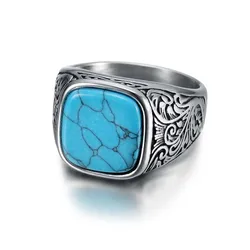 Jiayiqi Men's Punk Rock Stainless Steel Signet Ring - Bold Hip Hop Party Jewelry - 7 (Blue stone)