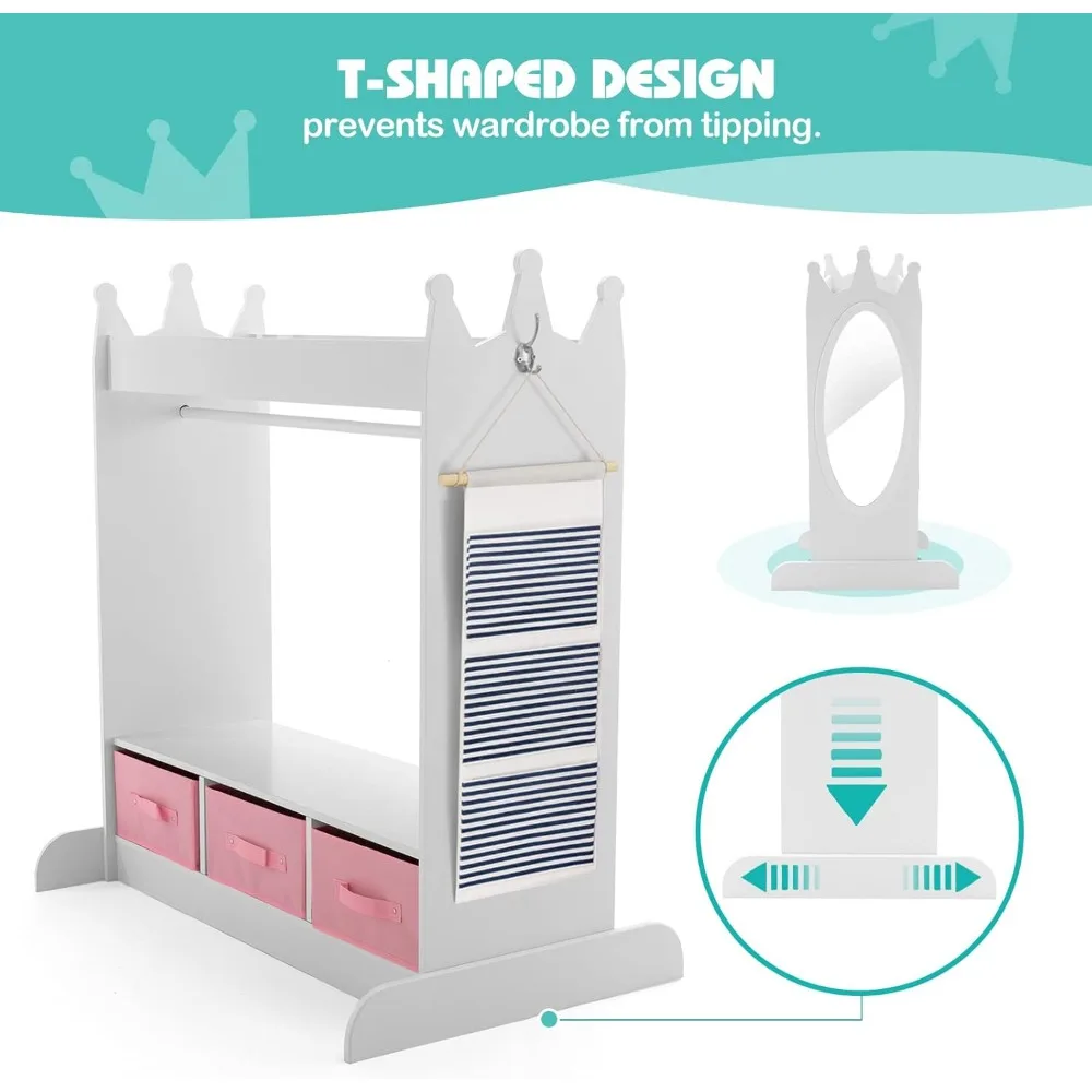 Kids Dress Up Storage with Mirror and Drawers, Kid Armoire Dresser, Pretend Storage Closet for Kids, Costume Wardrobe W/Side 5