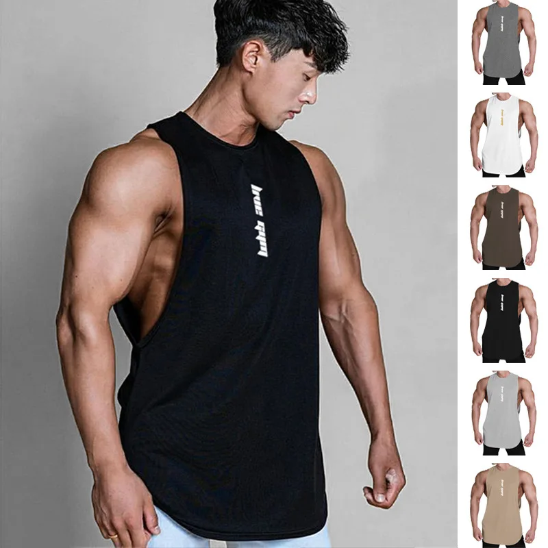 

Summer Men's Fitness Tank Top, American Youth Loose Solid Color Sleeveless T-shirt, Trendy Brand Large Split Sports Shoulder