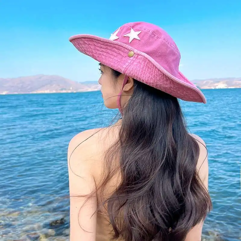 Hot Sale Punk Stars Bucket New Summer Y2K Star Pink Retro Big Brim Outdoors Sun Protection Girl Cowboy Hat Casual Jazz Cap_senzul.com