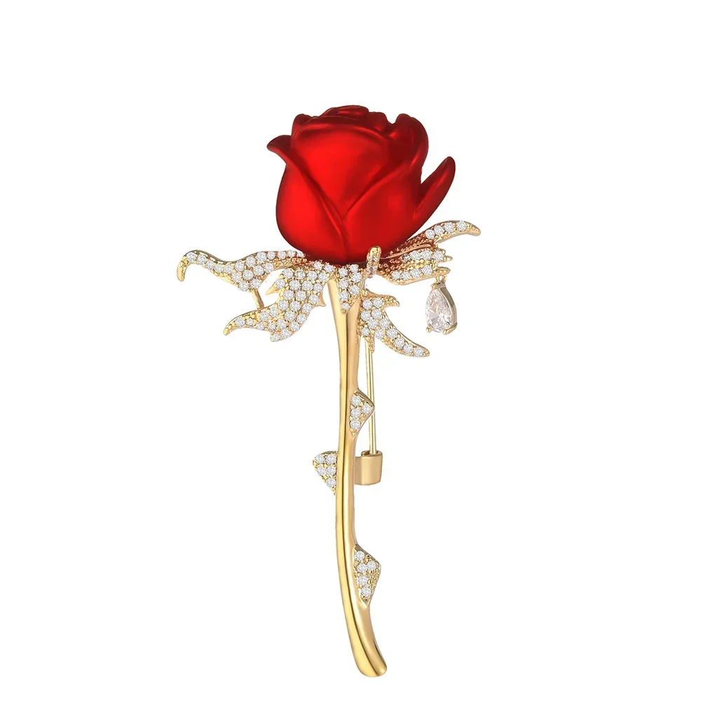 

Rhinestone Red Rose Flower Brooches for Women Elegant Exquisite Shiny Zircon Flower Lapel Pins Wedding Party Badge Jewelry