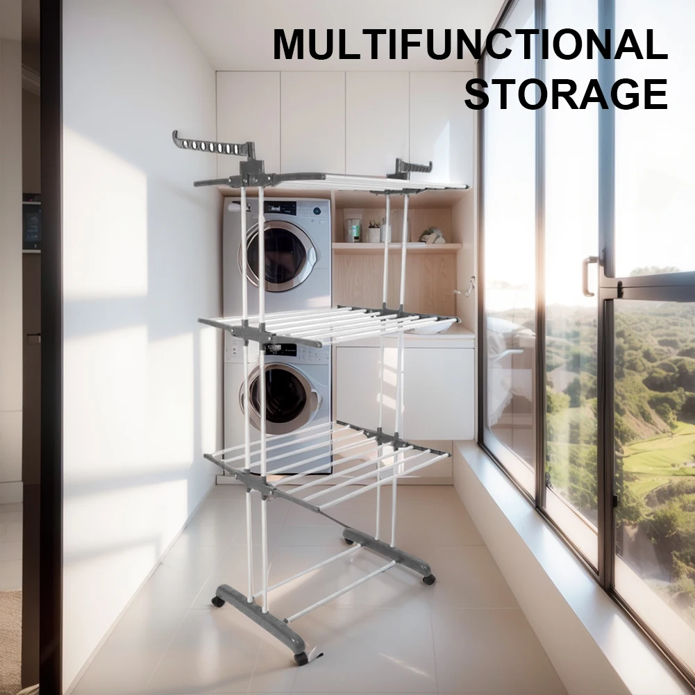 4-Tier Foldable Drying Rack Clothes Drying Rack with 4 Castors Free Standing Movable Laundry Rack for Towels Clothes Shoes Linen