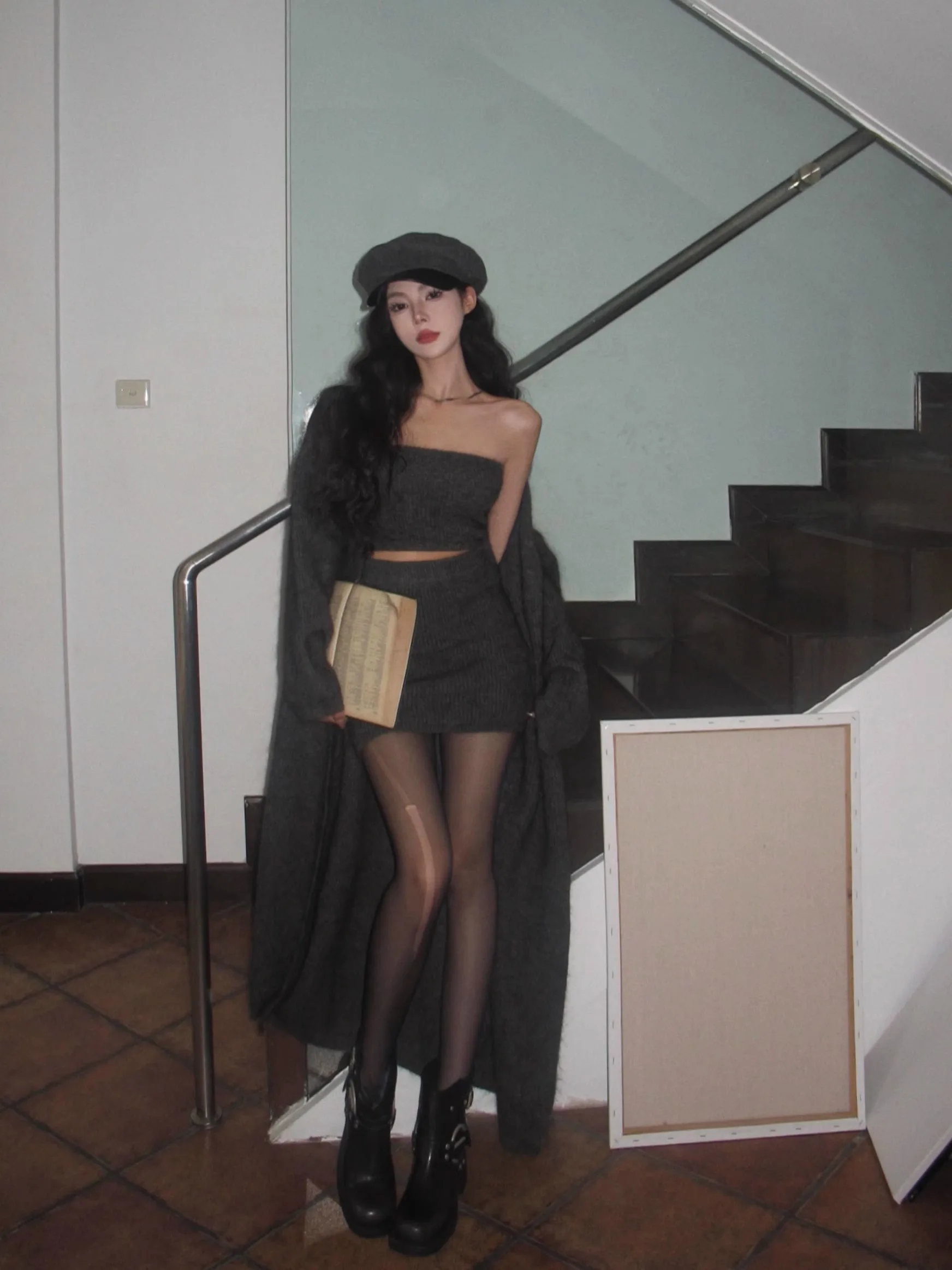 Autumn Winter New Knitted 3-piece Skirt Set Women Solid Long Cardigan Strapless Crop Top Mini Skirt Y2K Korean Chic Knitwear New