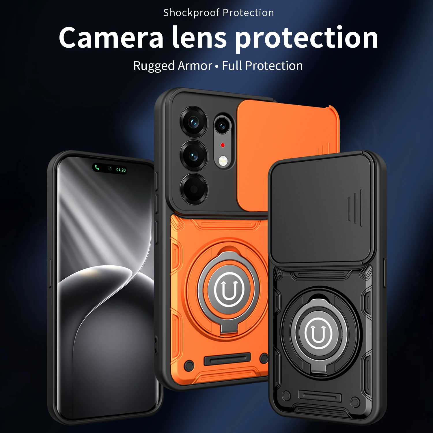 Enhanced Shockproof Armor Case with Slide Camera Lens Protection and Metal Ring Holder