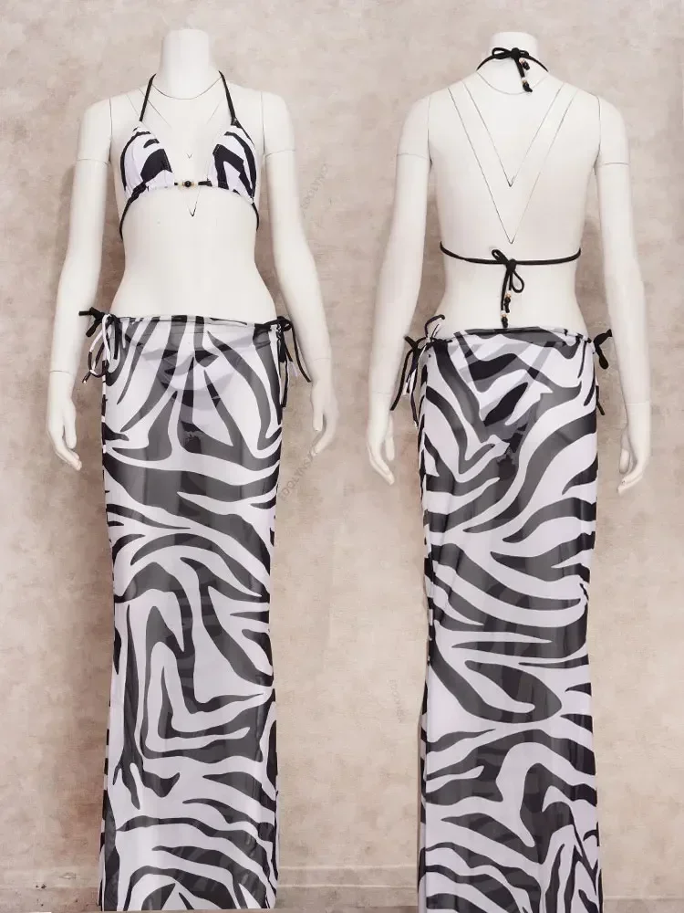 Sexy Zebra Stripes 3 Pieces Bikini Set 2024 Summer Beach Wear Triangle Bikinis Swimsuit Skirt Swimwear Cover-up A1554