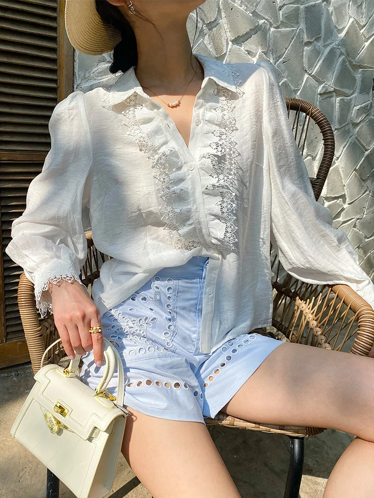 

Французская элегантная шикарная рубашка GypsyLady, летняя Весенняя блузка из пеньки с длинными рукавами-фонариками, кружевные женские повседневные топы, новинка