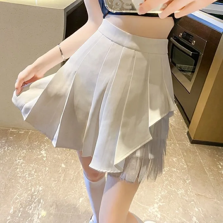 Short Skirt Mesh Yarn Splicing Pleats Half Length Skirt Female Design Spring Autumn High Waisted AppearThin Chiffon Word A Sweet