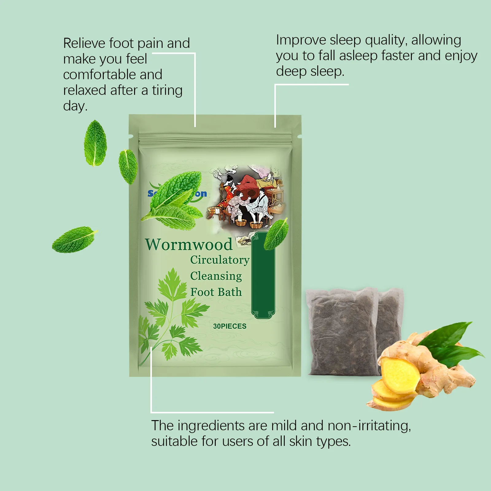 Wormwood Foot Bath Herbal Help Sleep Relieve Stress Fatigue Relax Muscle Lymphatic Drainage Dehumidification Foot Cleansing Soak