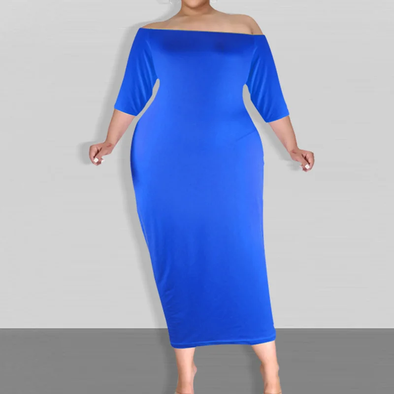 One Word Collar Solid Color Half Sleeve Spring Autumn Women Clothing Office Lady Milk Silk Fabric Pullover Plus Size Midi Dress