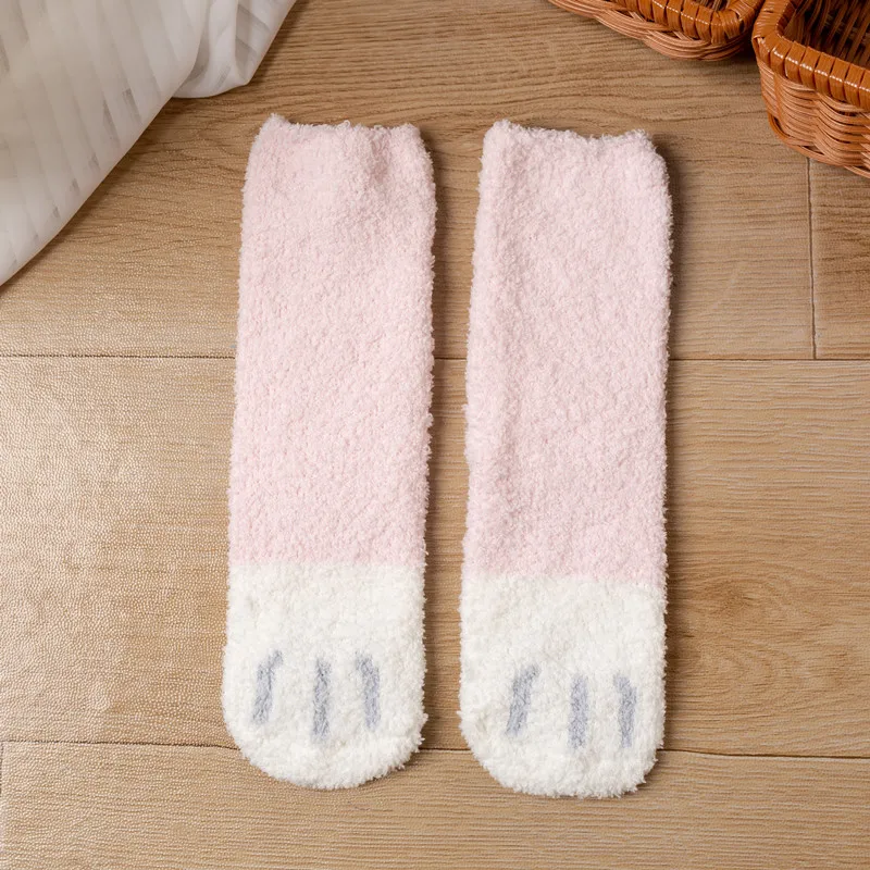 7 pairs Coral Fleece Winter Women's  Warm Socks Cat Paw Striped Socks Cute Cartoon Animal  Thick  Toe Foot Floor  Sleep Socks