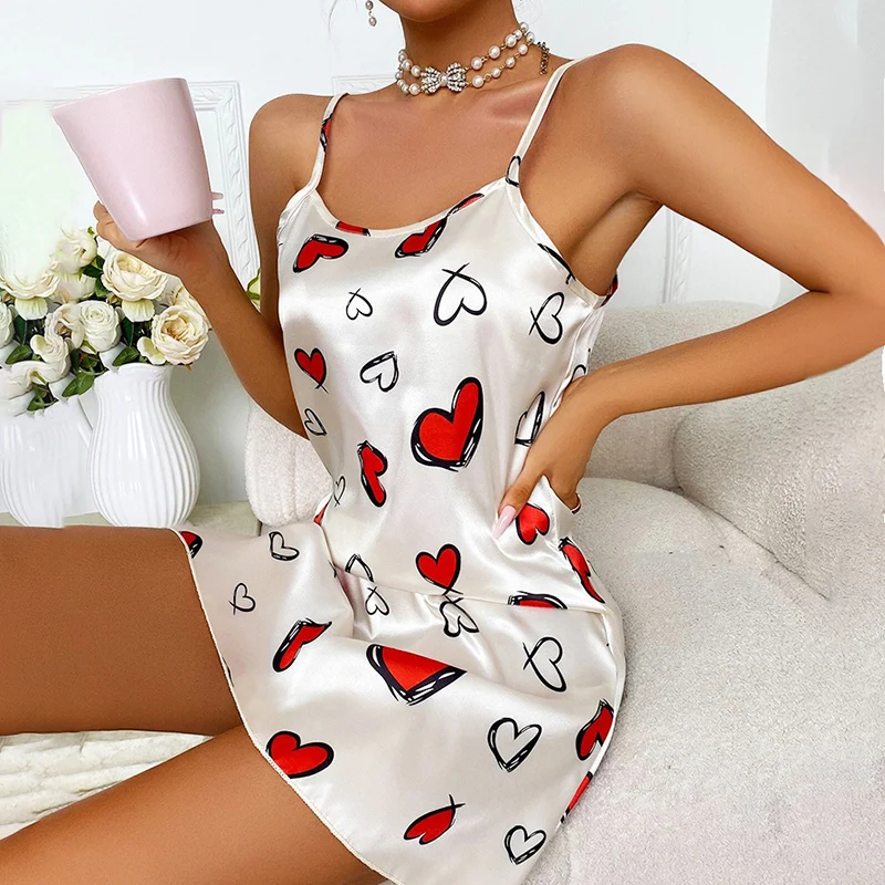 Sexy Sleepwear For Women Satin Lingerie Chemise Slip Nightgown Short Dress Sleep shirt Babydoll Pajamas Print Homewear Pijama - 3