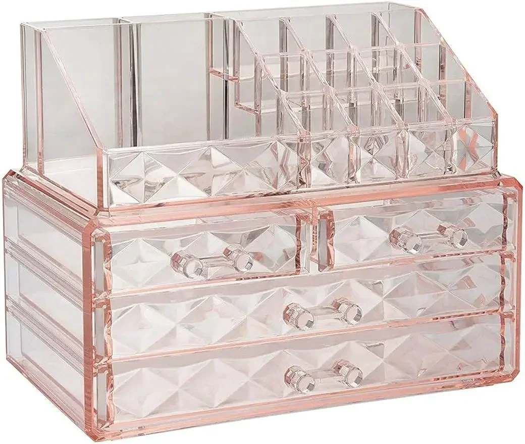 

Jewelry and Cosmetic Boxes with Brush Holder - Pink Diamond Pattern Storage Display Cube Including 4 Drawers and 2 Pieces Set