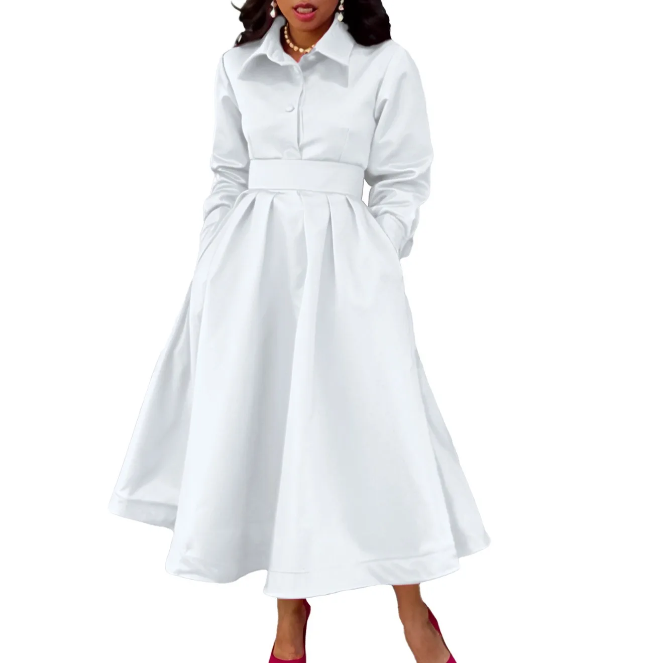 Wmstar Women Dress Elegant Solid Button Waist V Neck Long Sleeve Pockets Shirts Maxi Length Comfortable Pleated Holiday Dresses