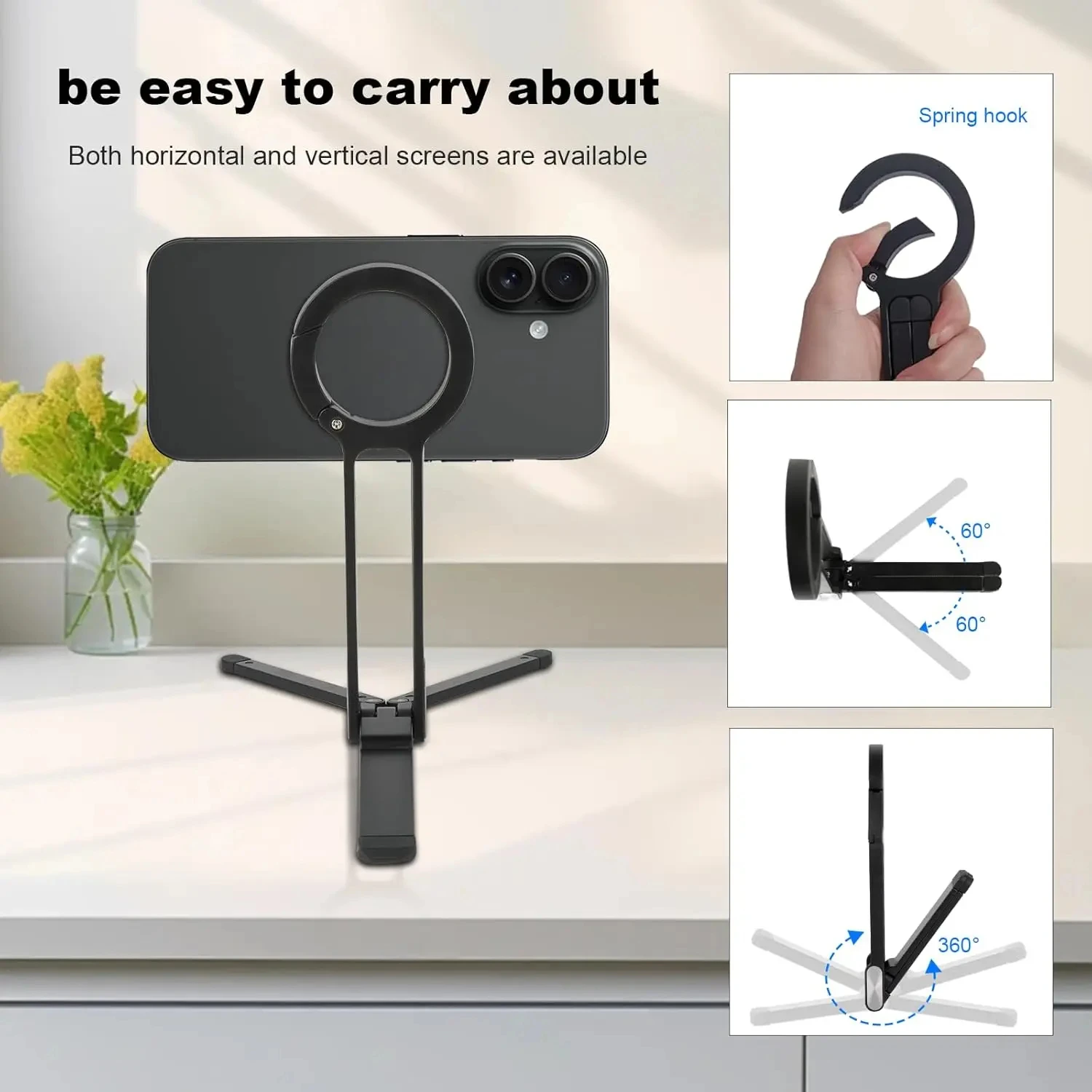 Magnetic Adjustable Foldable Phone Ring Holder with Carabiner Buckle