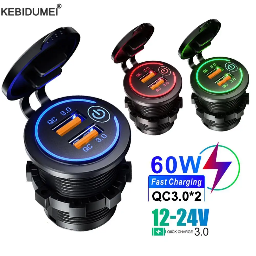 Car Charger Car Phone Charger Quick Charge 3.0 Dual USB Fast Car Charger Waterproof 12V/24V QC3.0 Power Outlet with Touch Switch&Led Light
