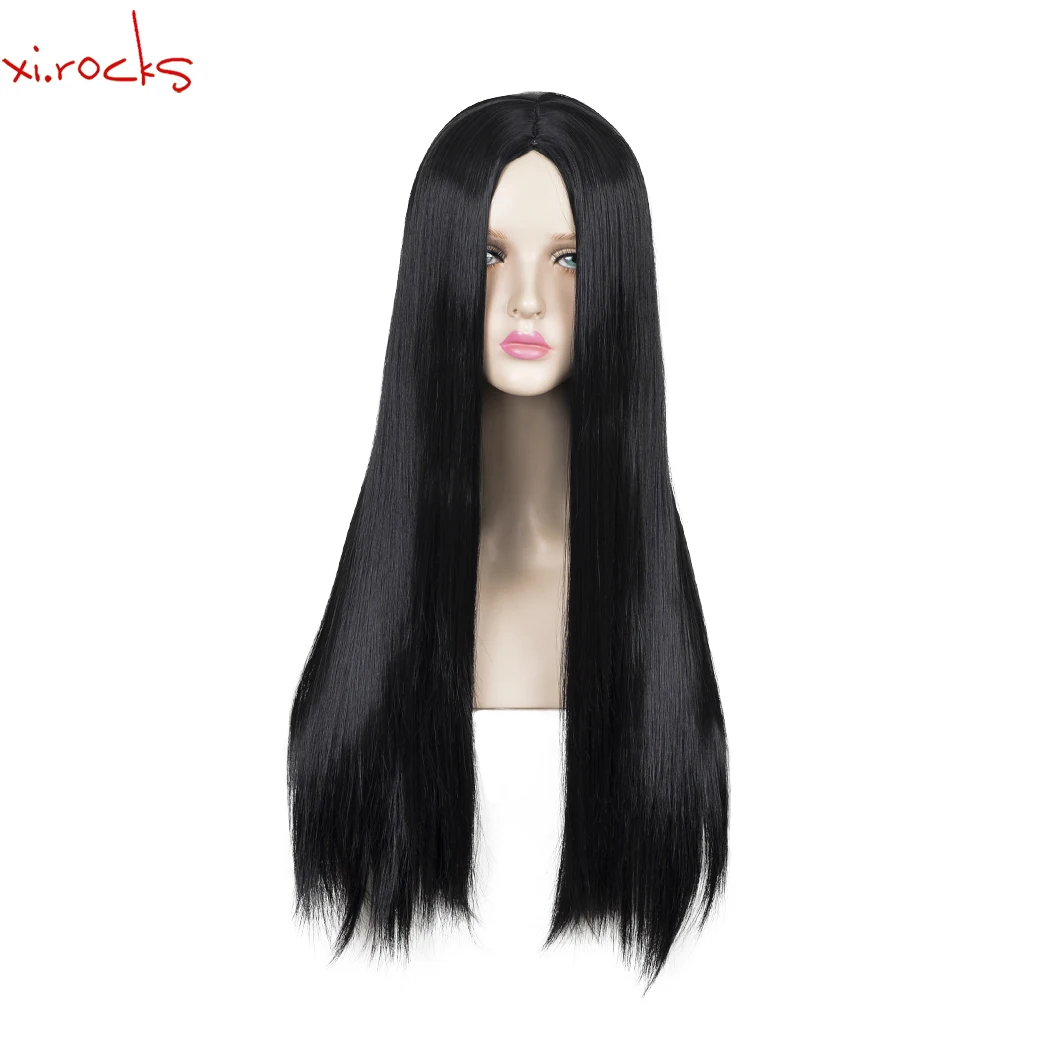 

3492 Xi.rocks 27 Inch Long Straight Black Synthetic High Temperature Fiber Hair Cosplay Wednesday Addams Mother Wig for Women
