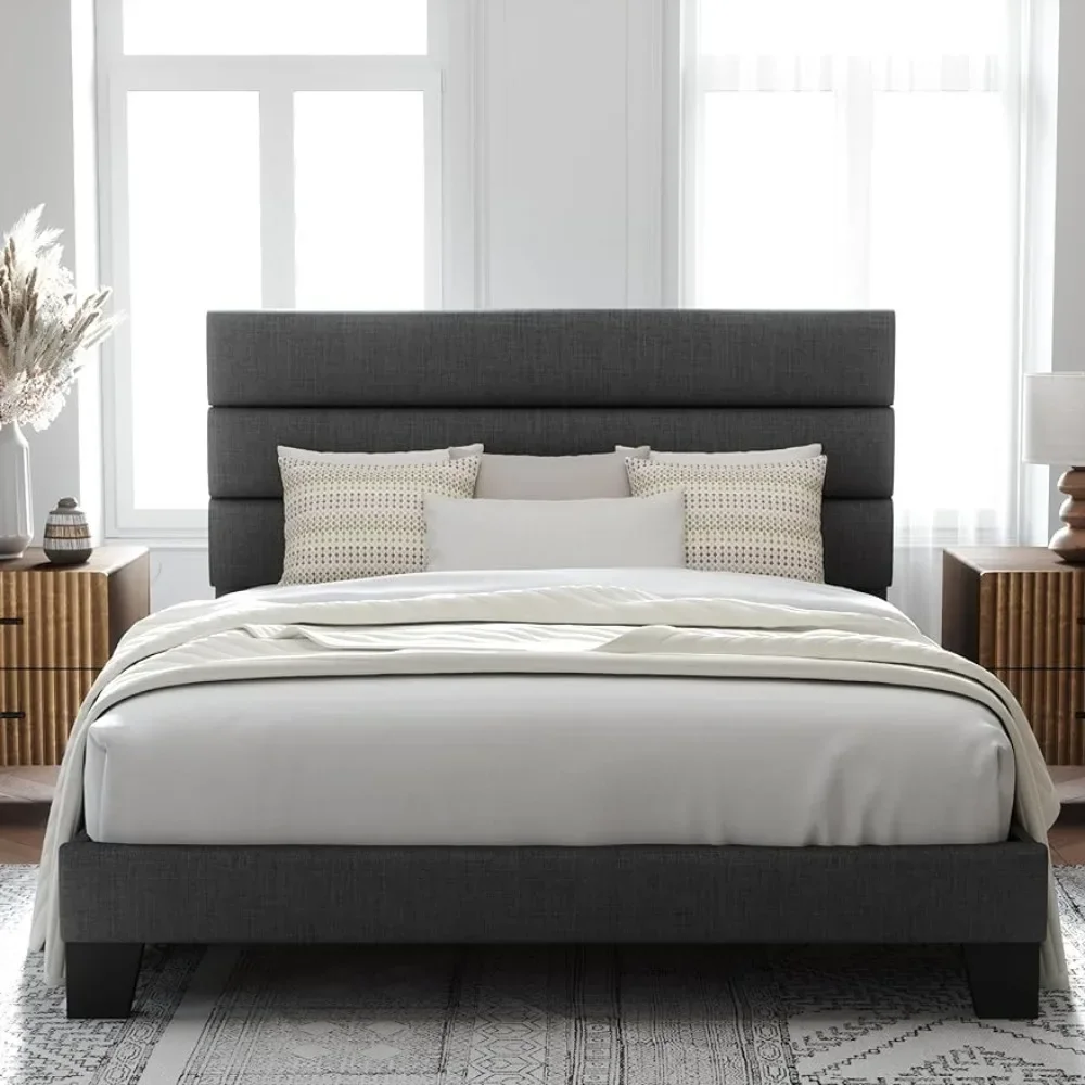 

Queen Size Platform Bed Frame with Fabric Upholstered Headboard and Wooden Slats Support, Fully Upholstered Mattress