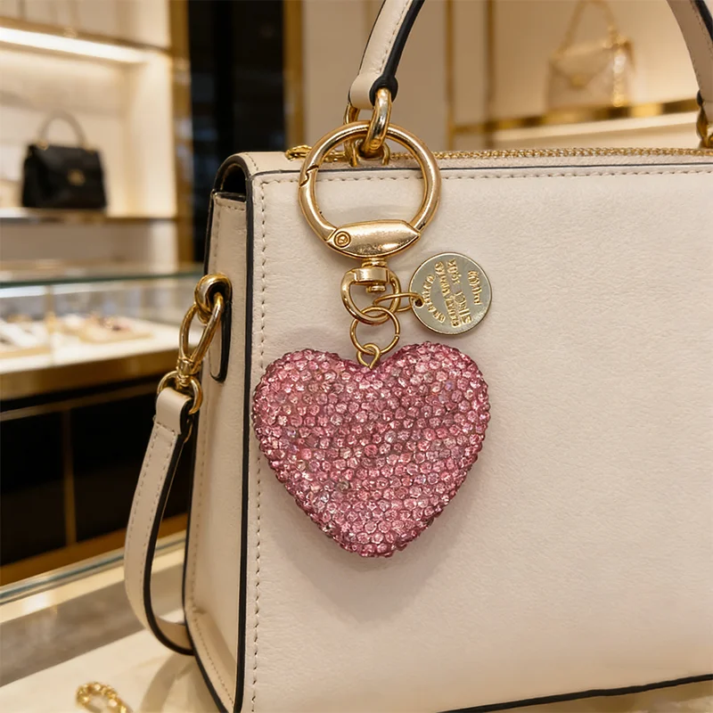 Glamorous Pink Heart Crystal Rhinestone Keychain Charm