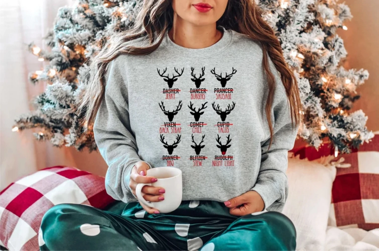 Santas Reindeer Cuts of Meat Sweatershirt Christmas Hunter Shirt Deer Hunting Rudolph Pullover Top Clothing Women Winter