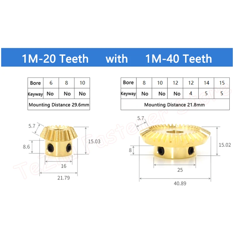 1pc 1:2 Brass Bevel Gear 1M 15 20 30 40 Teeth 90 Degrees Meshing Angle Gears Bore 4/5/6/8/10/12/14/15mm