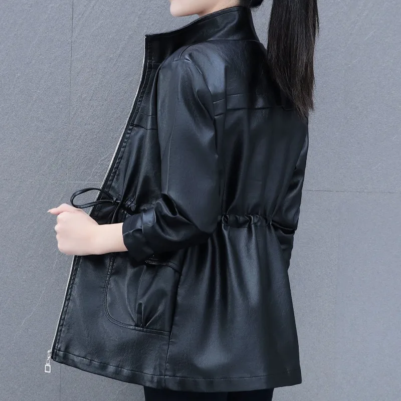 2023 Autumn Winter New Stand Collar Solid Color Temperament  Long Leather PU Coat Women Season Coat Fashion Ladies Style Classy