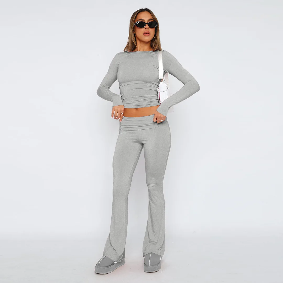Women'S Outfit 2pcs Autumn New Girl Fashion O-Neck Long Sleeve Top And Flared Pant Set Bodycon Casual  Women Two Piece Pants Set