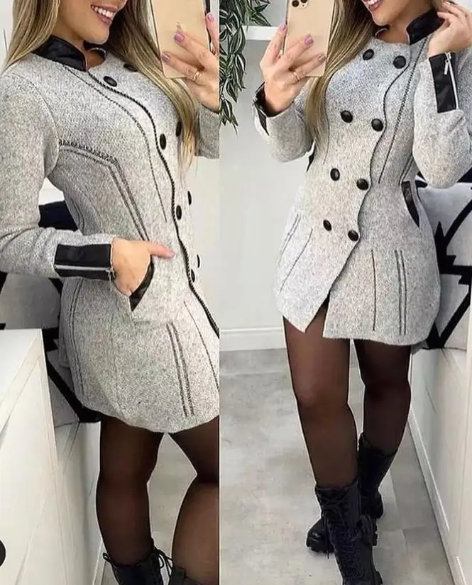 

Women's Casual 2023 Autumn Winter Long Sleeve Contrast Paneled Pocket Design Buttoned Coat Fashion Jacket Outwear Femme Clothing
