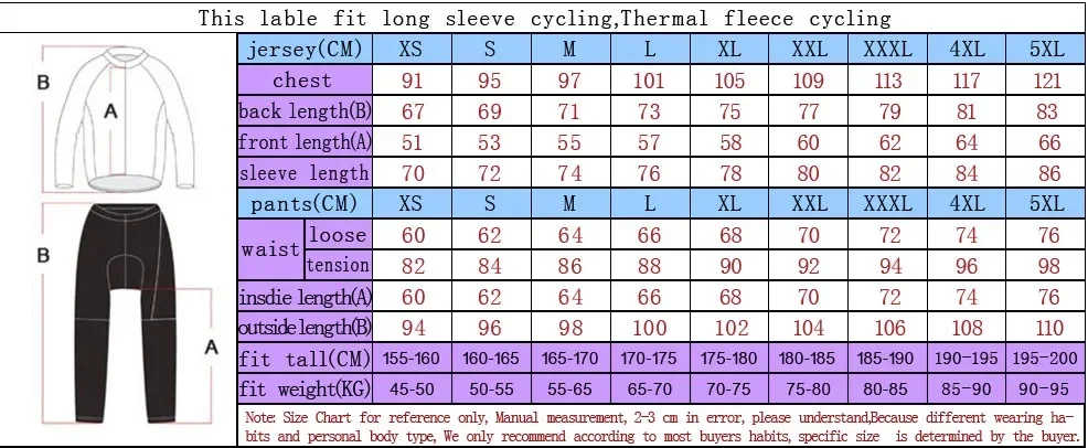 long sleeves cycling size chart