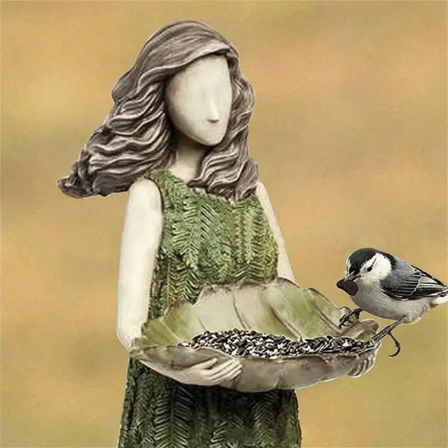 Erdei Lány Madár -Etető Zöld Tündér Szobor Etető Madárfürdők Kerti Gyep Udvarához Art Tornác Terasz Kültéri Dekorációk - Image 4